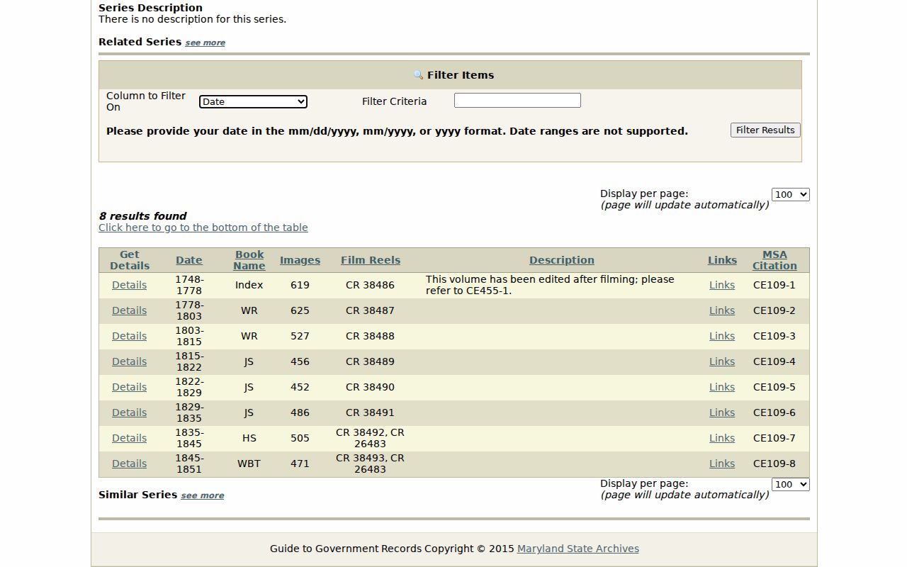 Frederick County public records land index at the Maryland State Archives
