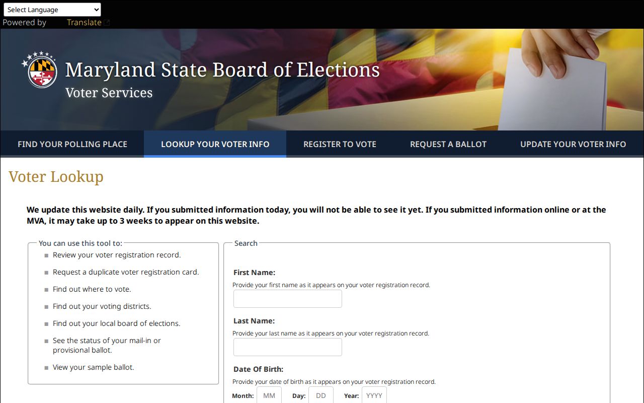 Frederick County voter registration records lookup form